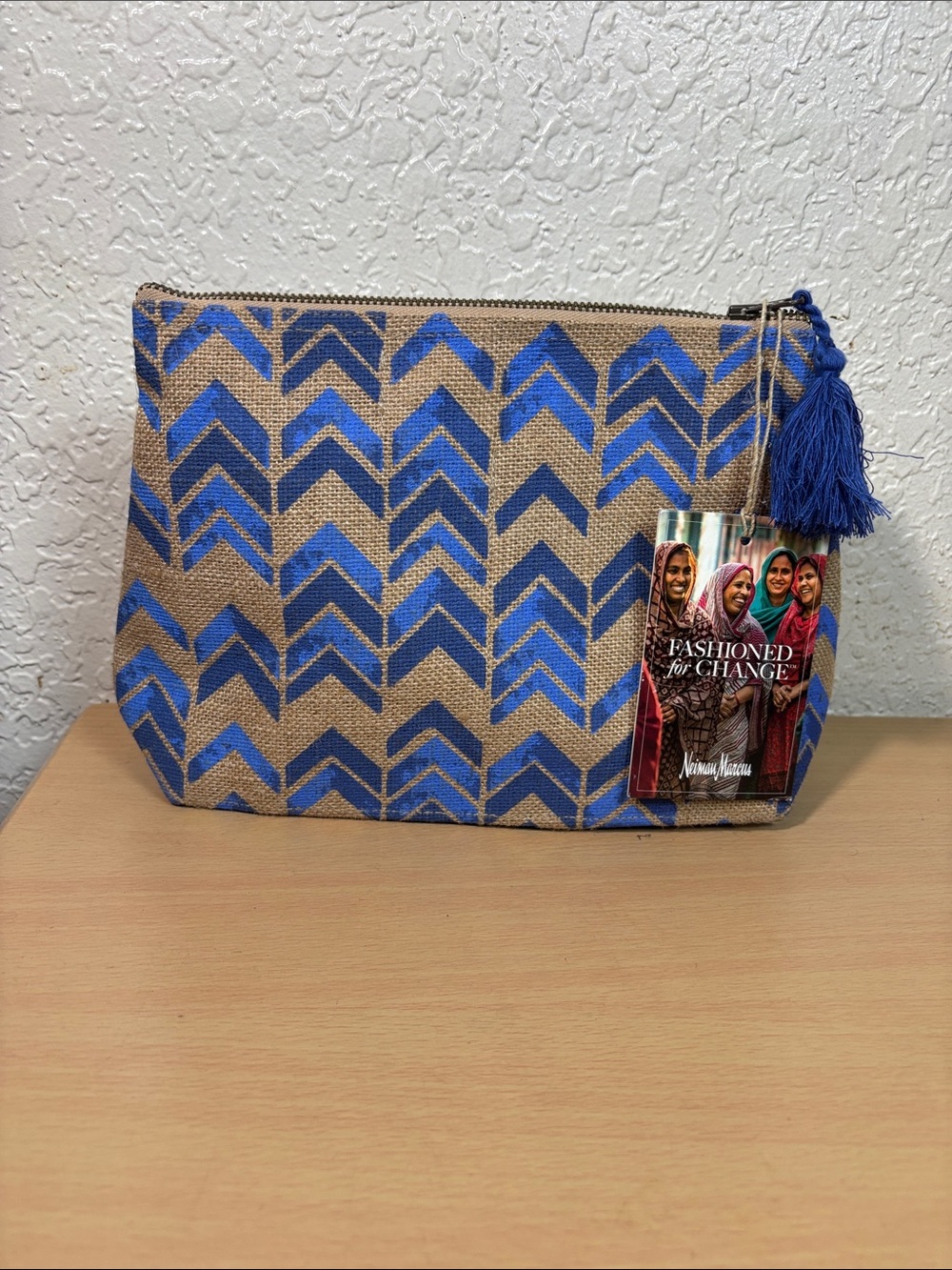 Chevron Tassel Zip Pouch in Natural and Royal Blue